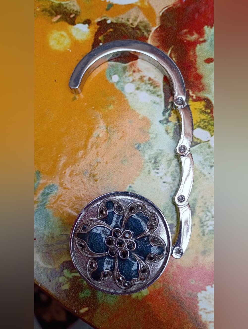 Source Unknown Silver and Blue Floral Foldable Purse Hook